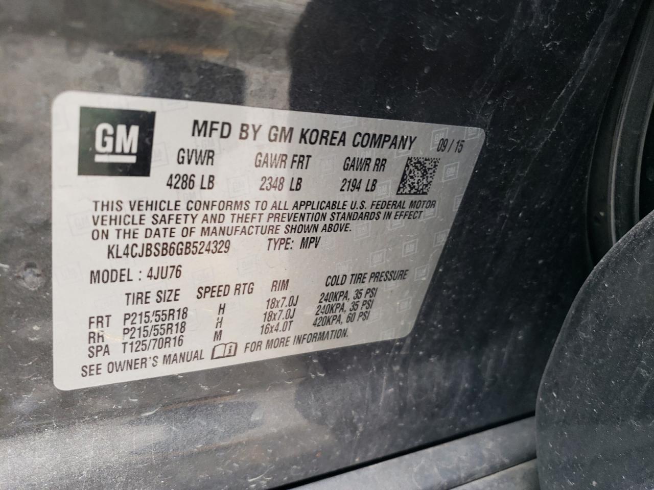 2016 Buick Encore Convenience VIN: KL4CJBSB6GB524329 Lot: 64233395