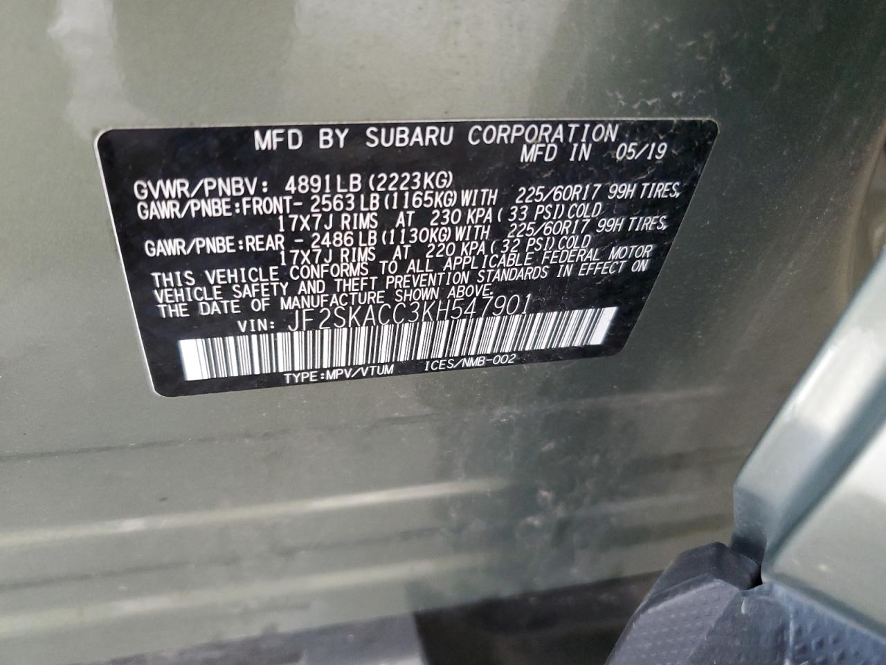 2019 Subaru Forester VIN: JF2SKACC3KH547901 Lot: 64687485