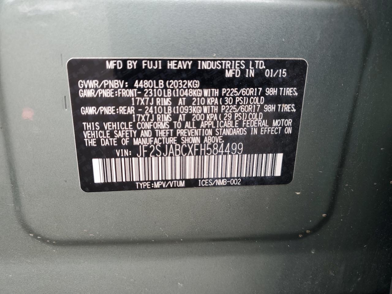 2015 Subaru Forester 2.5I VIN: JF2SJABCXFH584499 Lot: 63015745