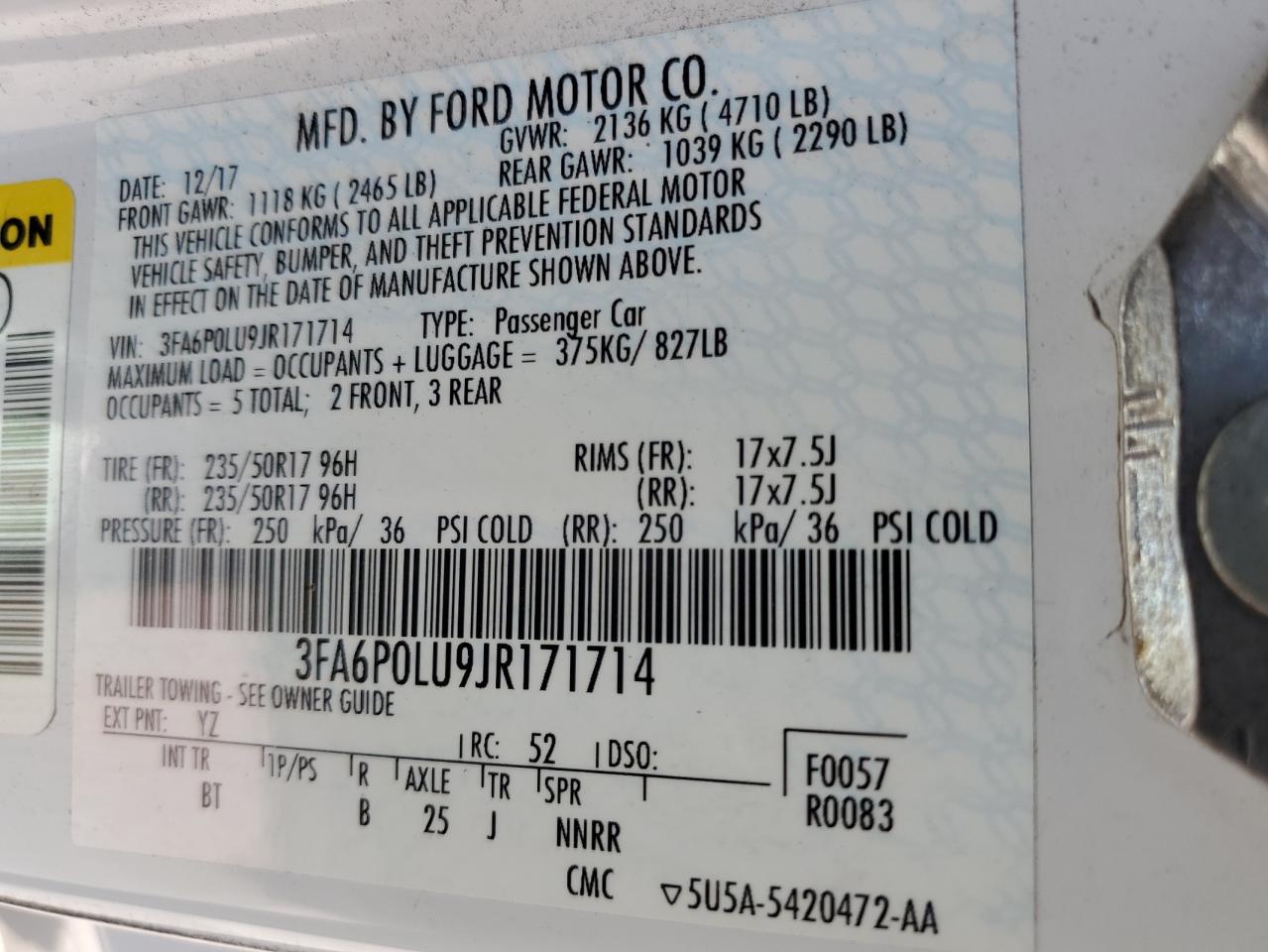 2018 Ford Fusion Se Hybrid VIN: 3FA6P0LU9JR171714 Lot: 66072045