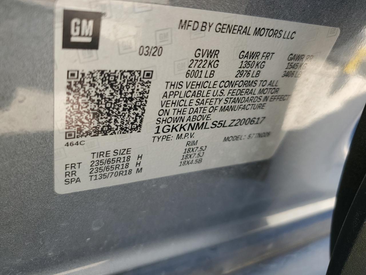 2020 GMC Acadia Slt VIN: 1GKKNMLS5LZ200617 Lot: 63194475