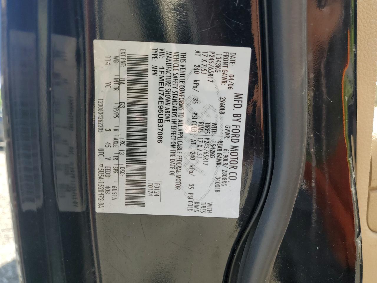 2006 Ford Explorer Eddie Bauer VIN: 1FMEU74E96UB37086 Lot: 65341245