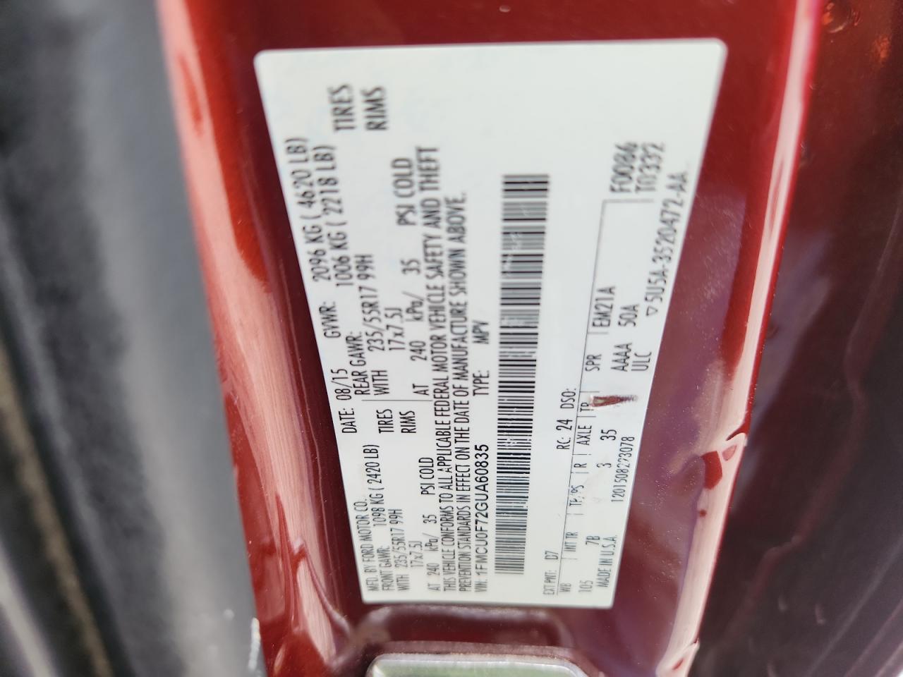 2016 Ford Escape S VIN: 1FMCU0F72GUA60835 Lot: 71773585