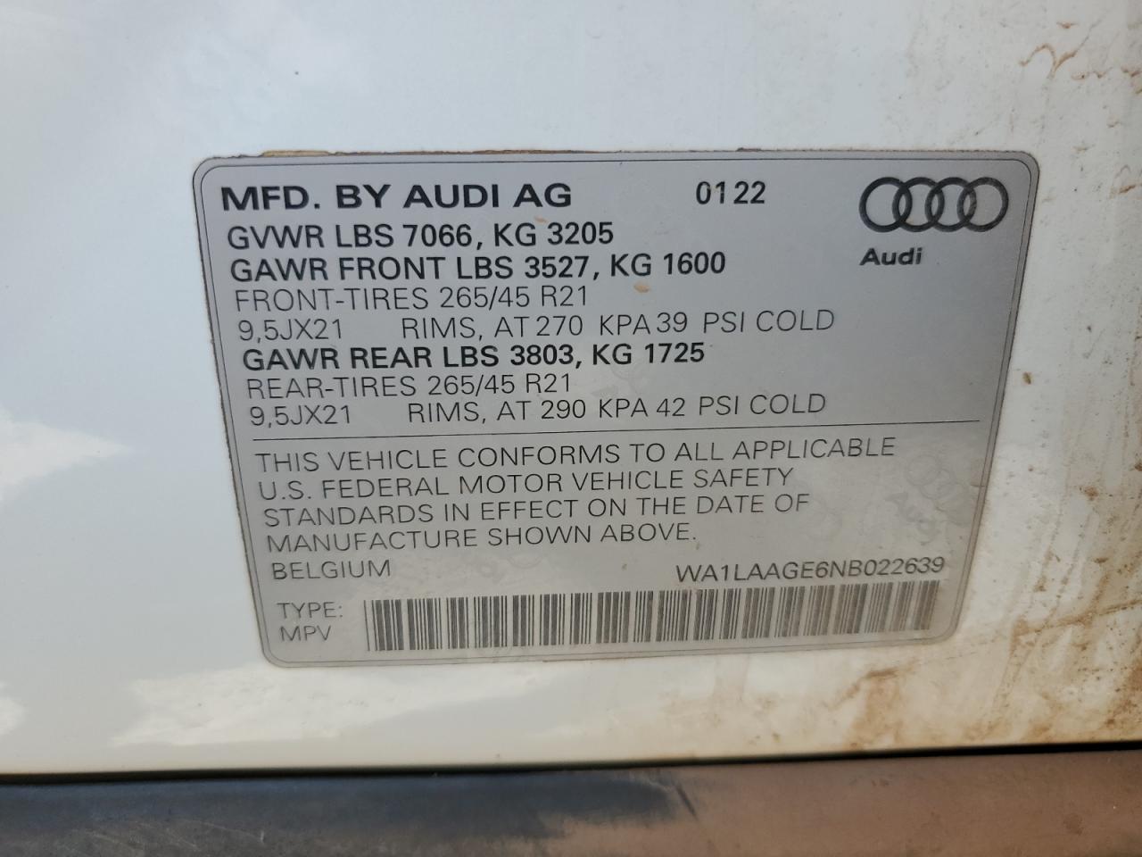 wa1laage6nb022639 WA1LAAGE6NB022639 2022 Audi E-Tron Premium Plus