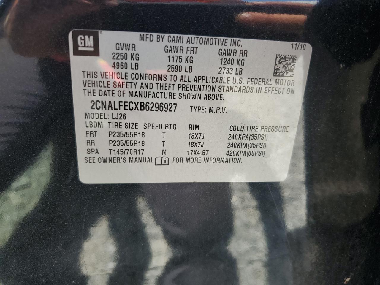 2011 Chevrolet Equinox Ltz VIN: 2CNALFECXB6296927 Lot: 65385305