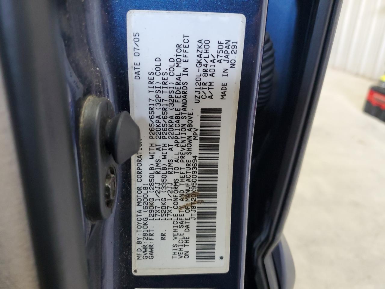 2005 Lexus Gx 470 VIN: JTJBT20X950093694 Lot: 64899615
