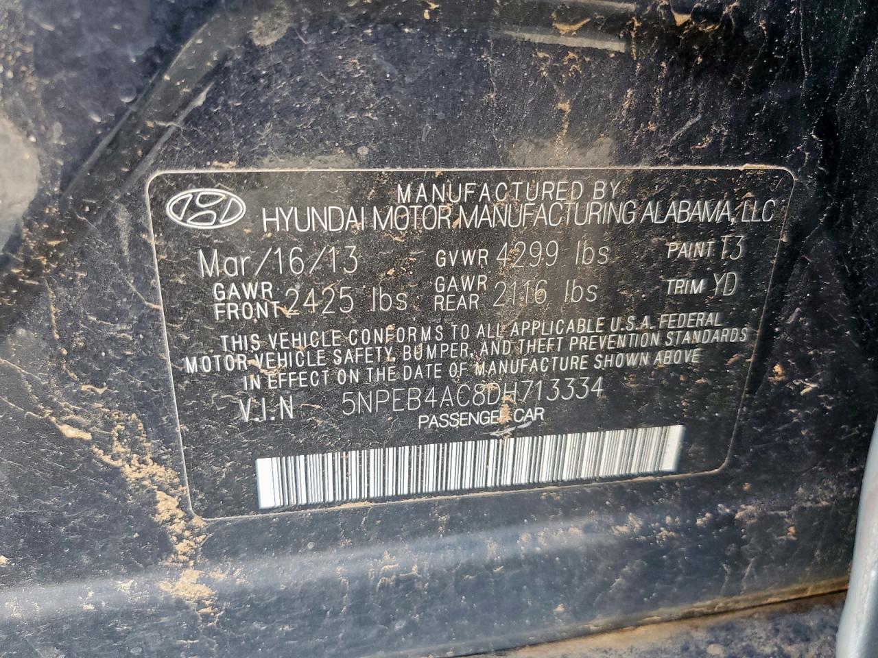 2013 Hyundai Sonata Gls VIN: 5NPEB4AC8DH713334 Lot: 63599375