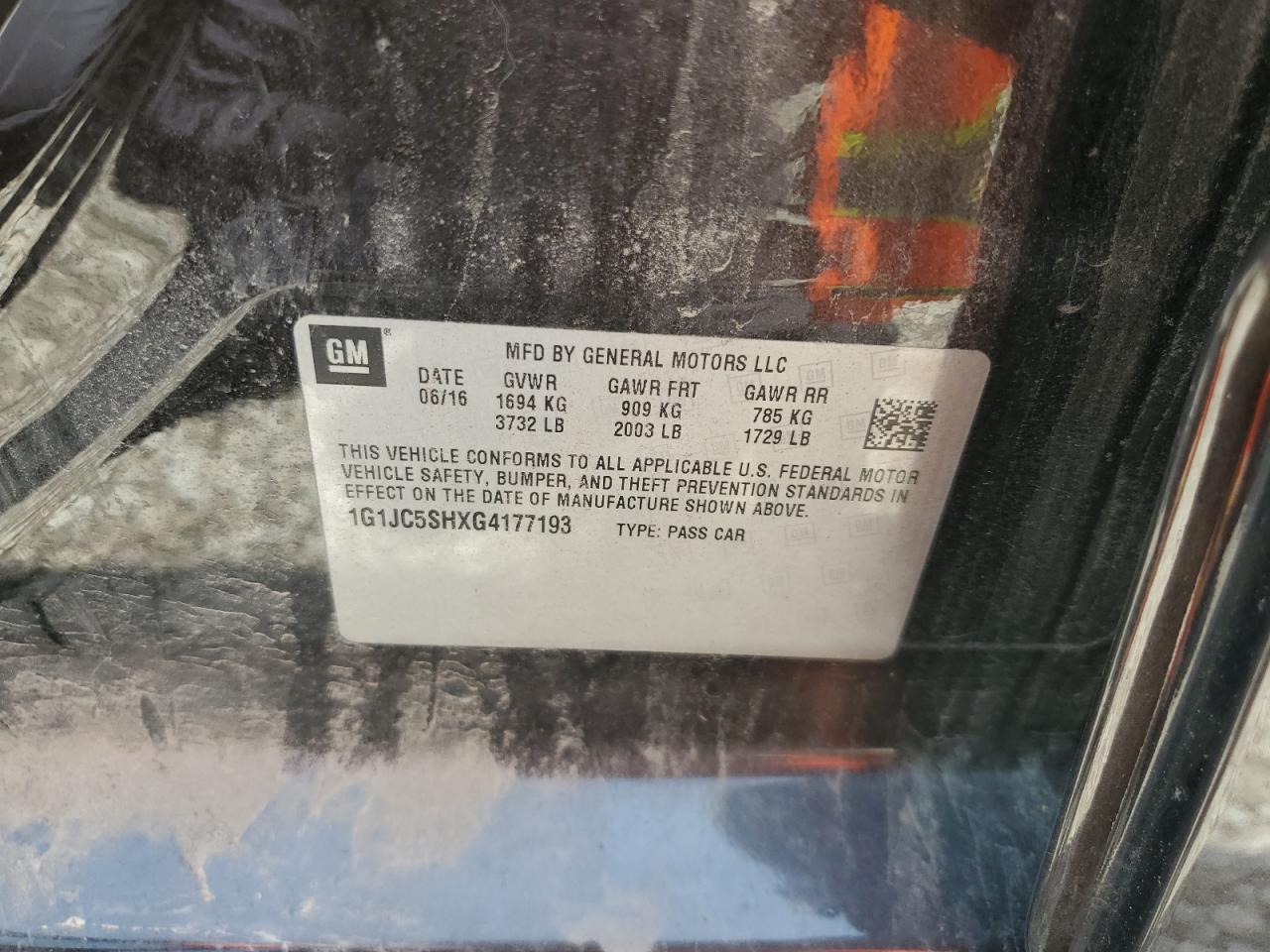 2016 Chevrolet Sonic Lt VIN: 1G1JC5SHXG4177193 Lot: 65203015