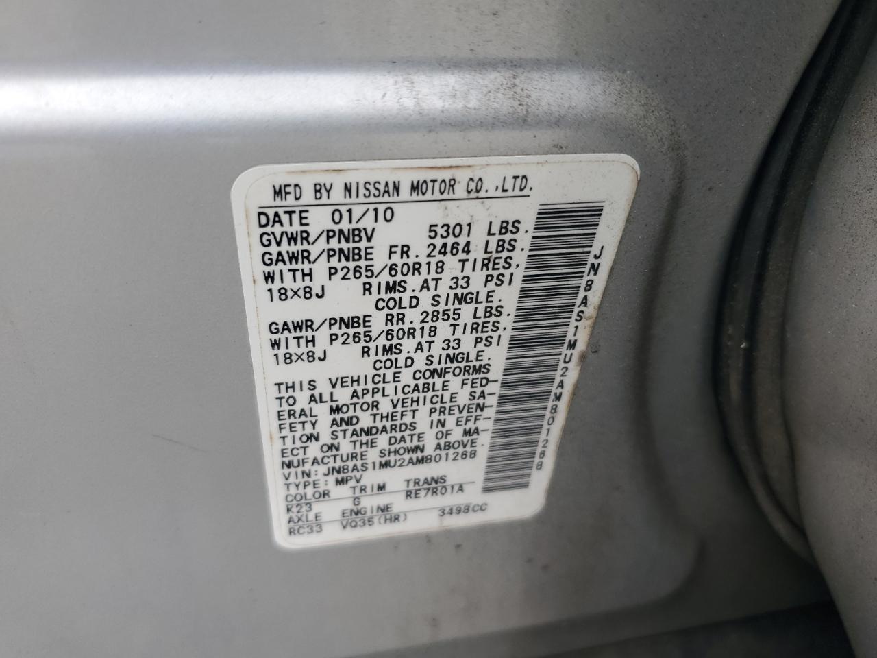 2010 Infiniti Fx35 VIN: JN8AS1MU2AM801268 Lot: 64718885