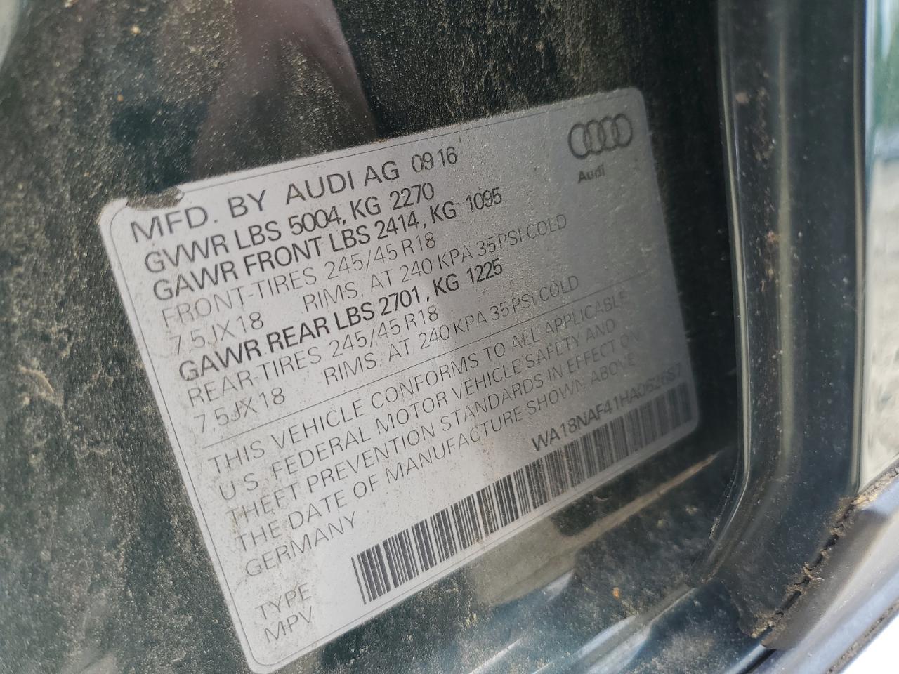 2017 Audi A4 Allroad Premium Plus VIN: WA18NAF41HA062687 Lot: 63531265