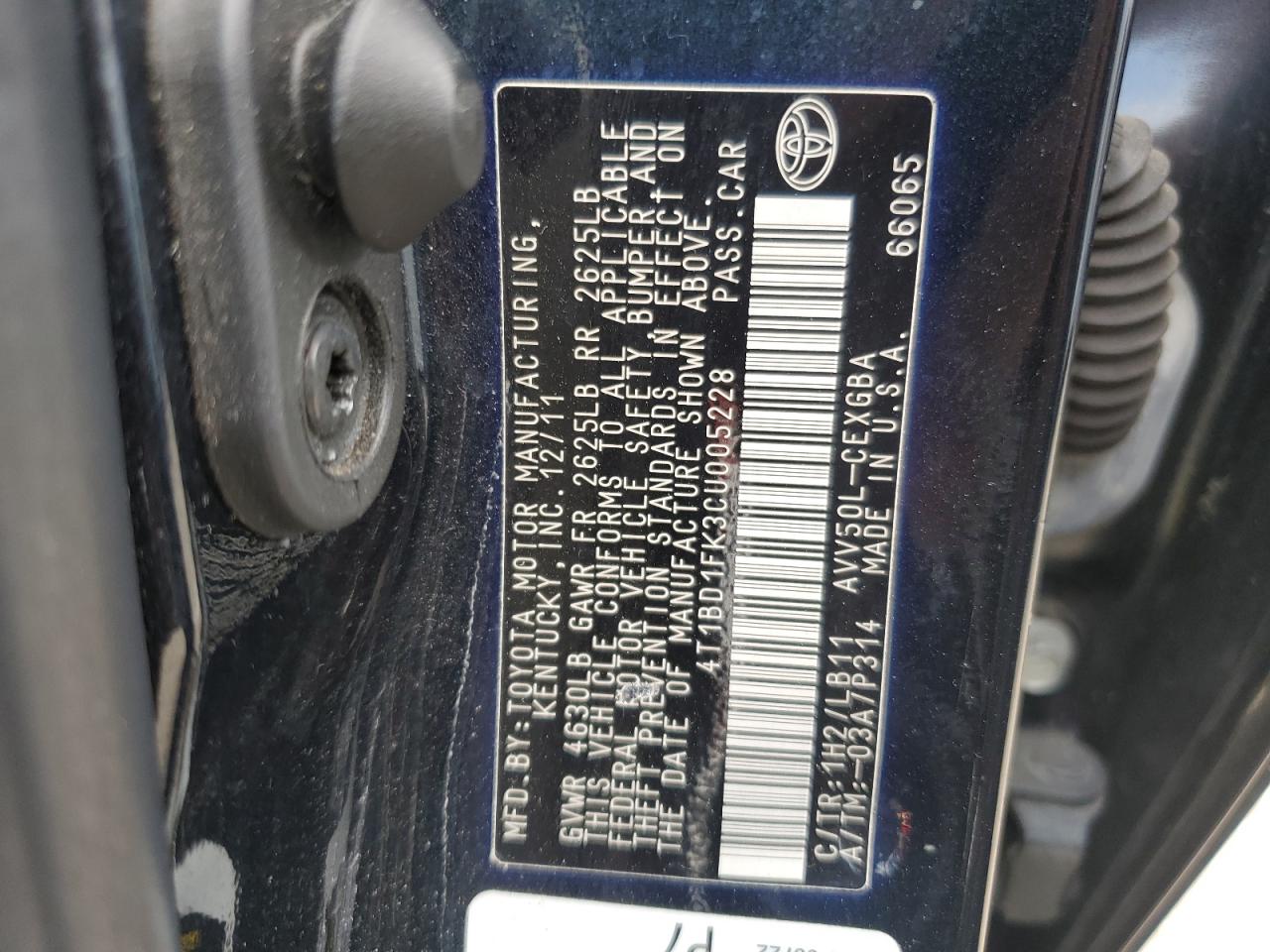 2012 Toyota Camry Hybrid VIN: 4T1BD1FK3CU005228 Lot: 65185975