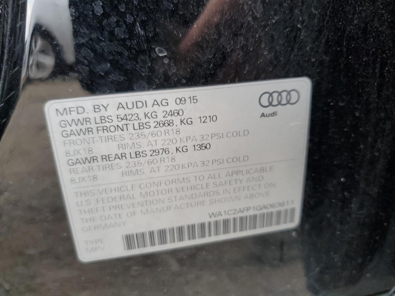 2016 Audi Q5 Premium VIN: WA1C2AFP1GA063611 Lot: 64386665