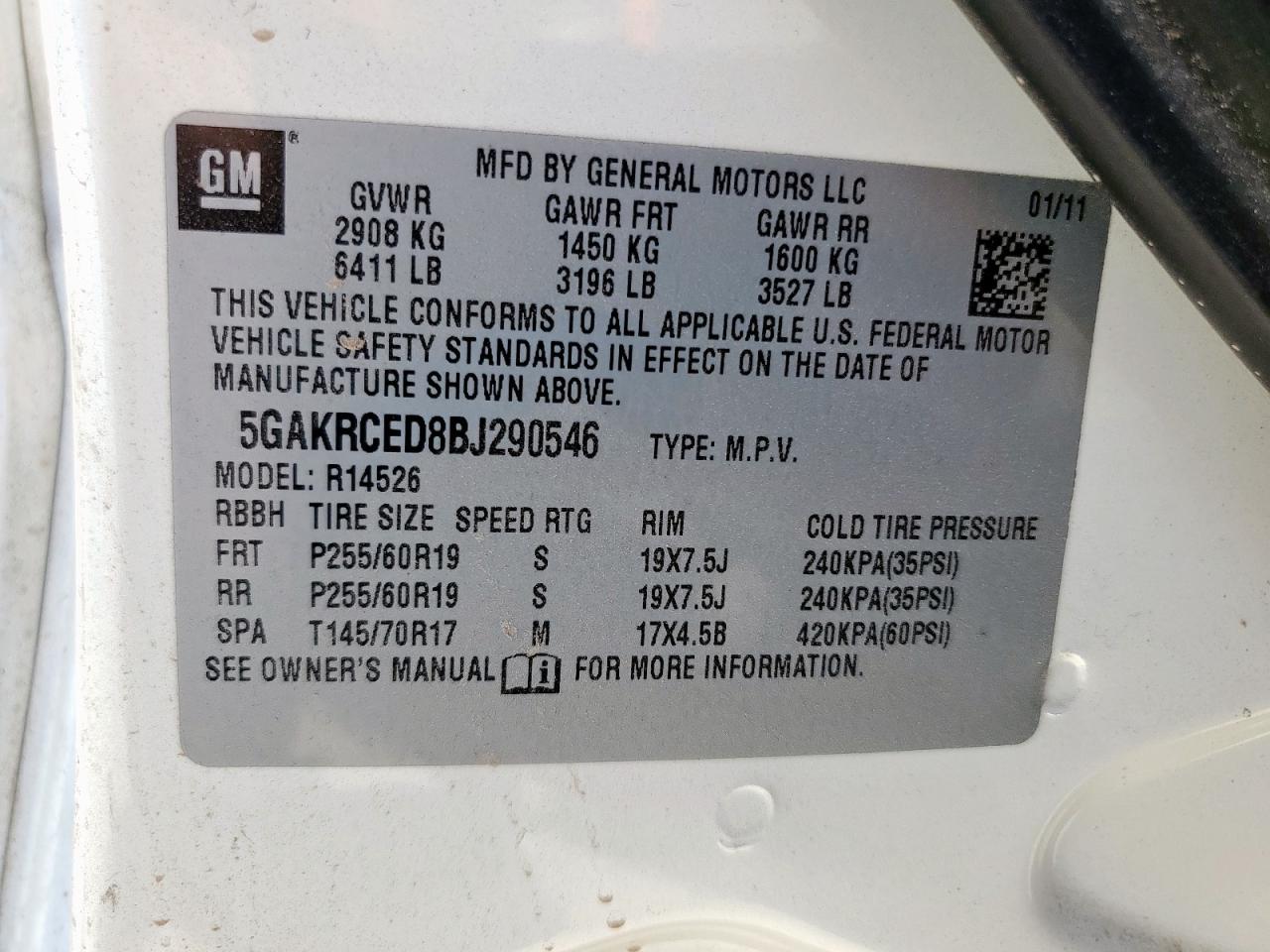 2011 Buick Enclave Cxl VIN: 5GAKRCED8BJ290546 Lot: 64461945