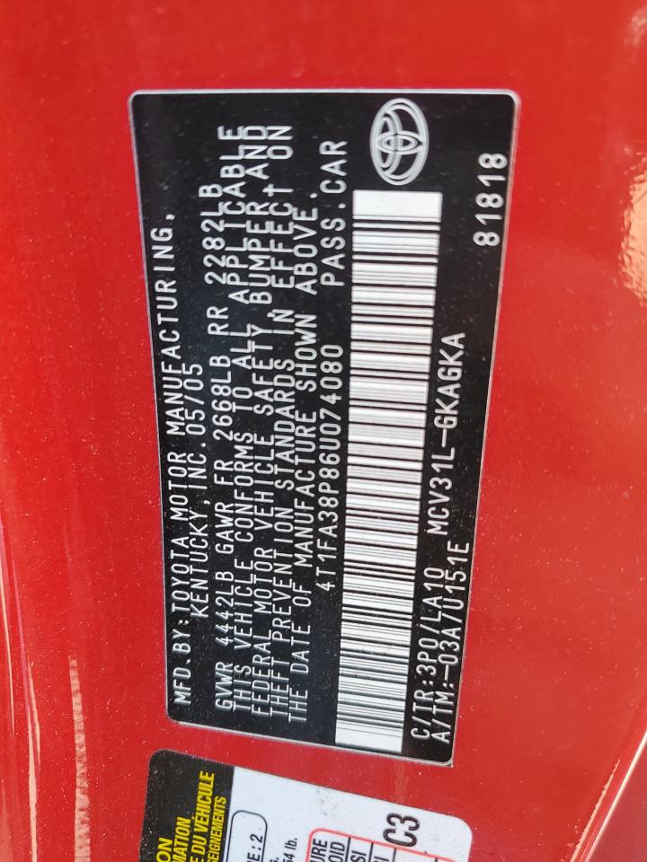 2006 Toyota Camry Solara Se VIN: 4T1FA38P86U074080 Lot: 64694555