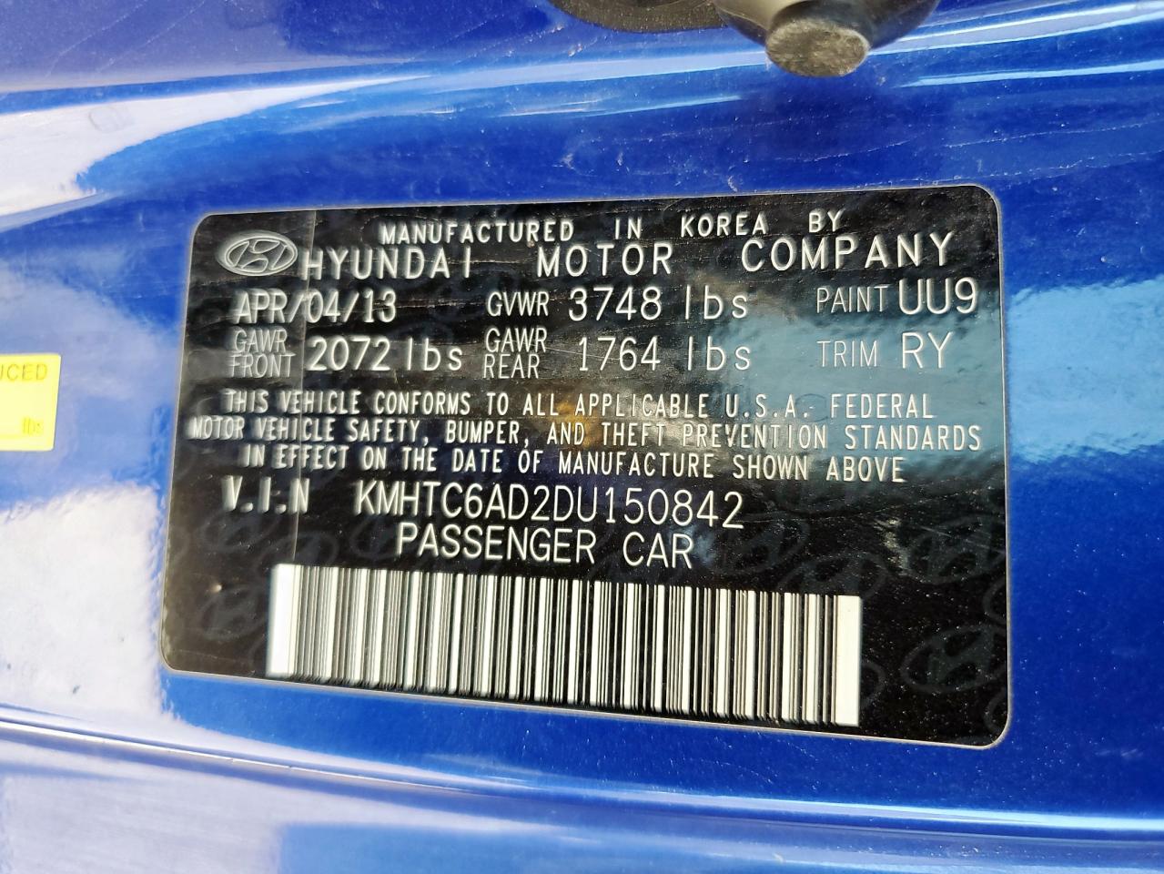 kmhtc6ad2du150842 KMHTC6AD2DU150842 2013 Hyundai Veloster