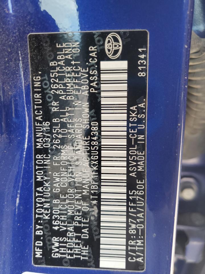 2016 Toyota Camry Le VIN: 4T1BF1FKXGU584380 Lot: 64879245
