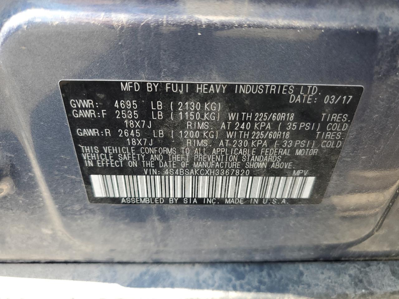 2017 Subaru Outback 2.5I Limited VIN: 4S4BSAKCXH3367820 Lot: 63427205