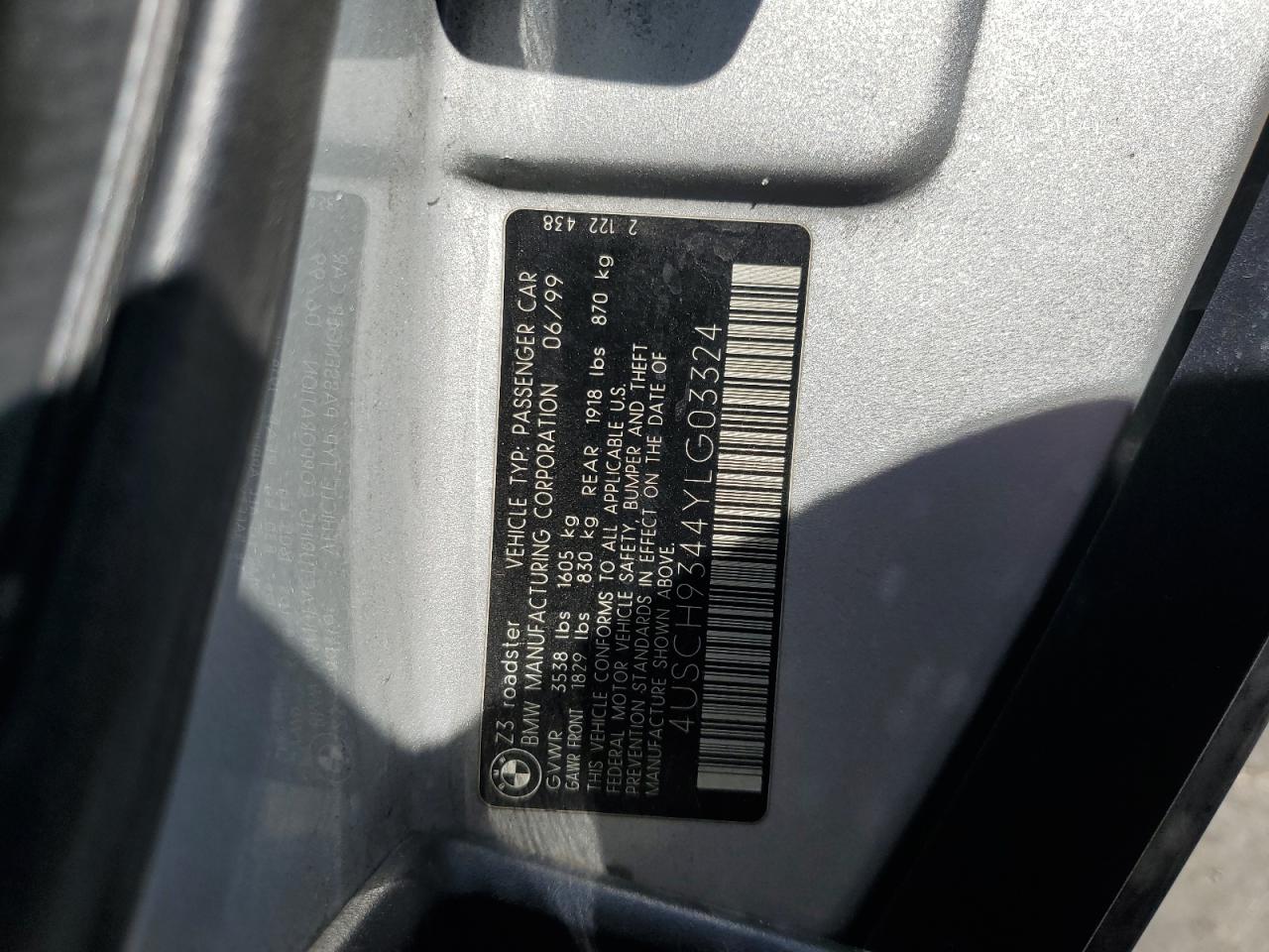 2000 BMW Z3 2.3 VIN: 4USCH9344YLG03324 Lot: 65614415