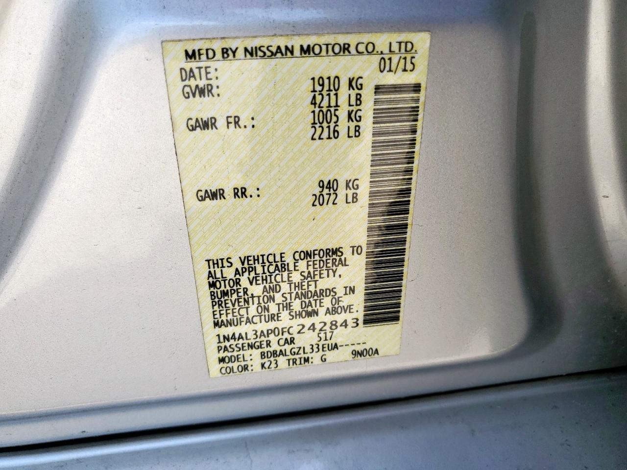 2015 Nissan Altima 2.5 VIN: 1N4AL3AP0FC242843 Lot: 63065035