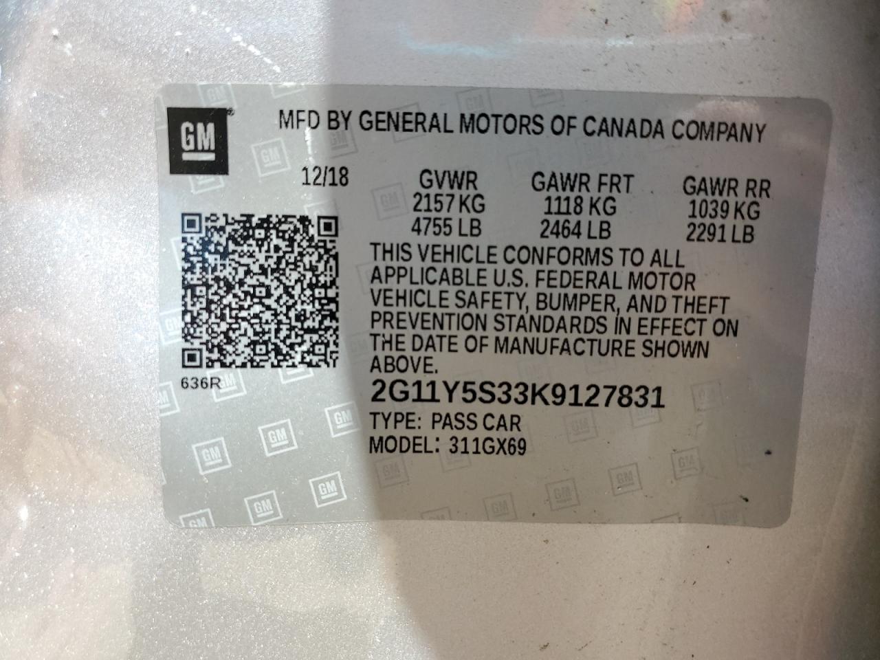 2019 Chevrolet Impala Ls VIN: 2G11Y5S33K9127831 Lot: 64499955