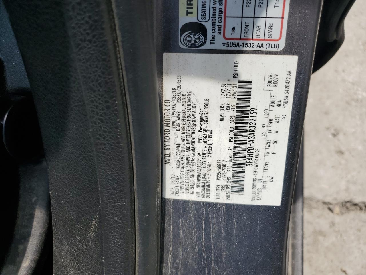 2010 Ford Fusion Se VIN: 3FAHP0HA3AR332159 Lot: 65465035