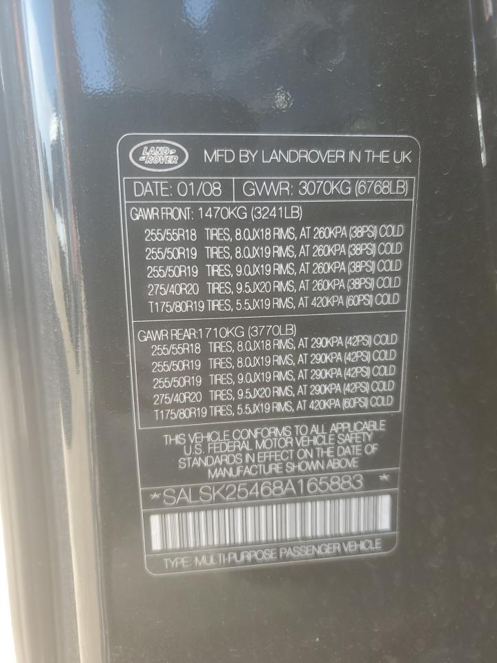 2008 Land Rover Range Rover Sport Hse VIN: SALSK25468A165883 Lot: 64818745