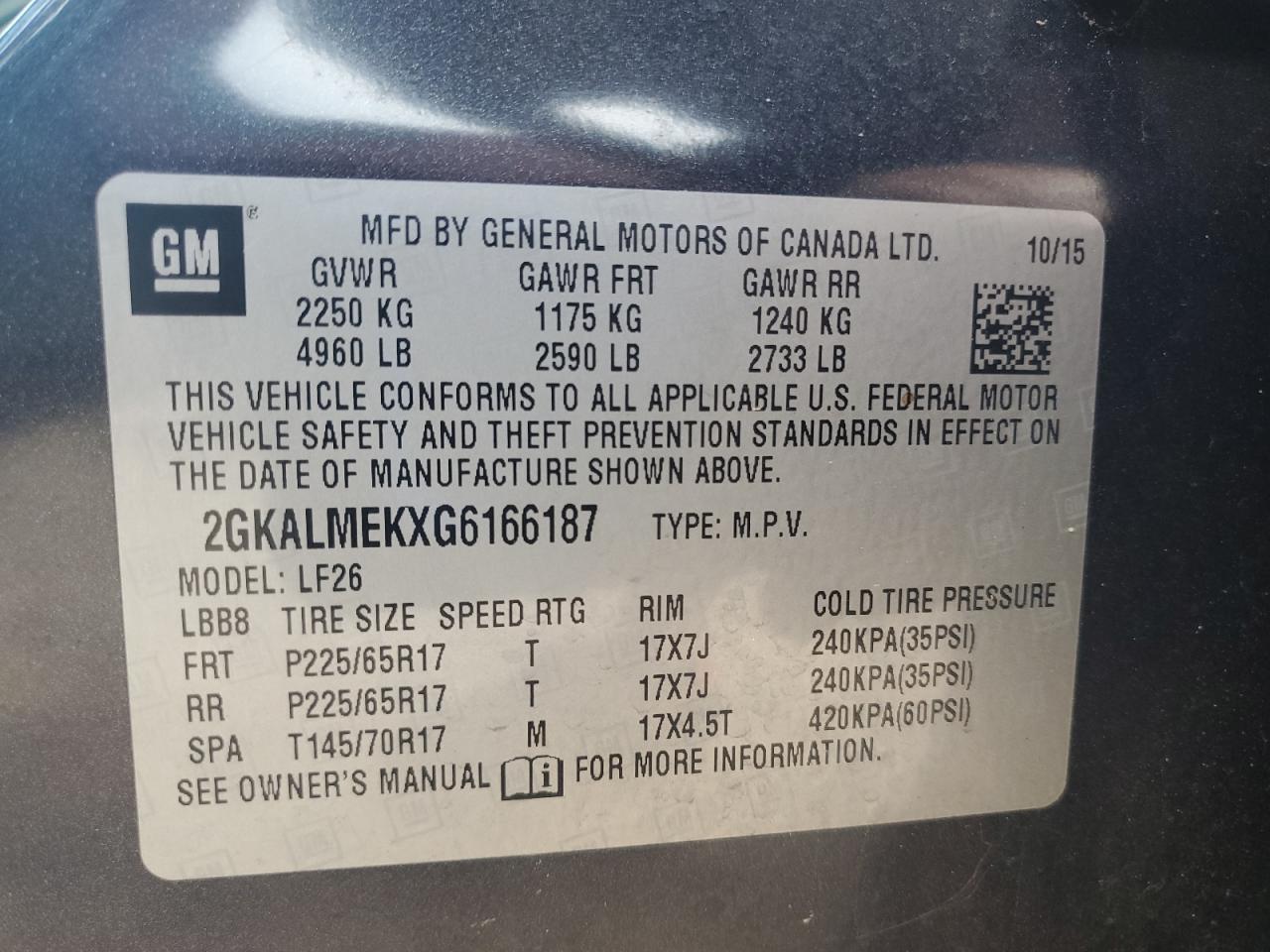 2016 GMC Terrain Sle VIN: 2GKALMEKXG6166187 Lot: 63580285
