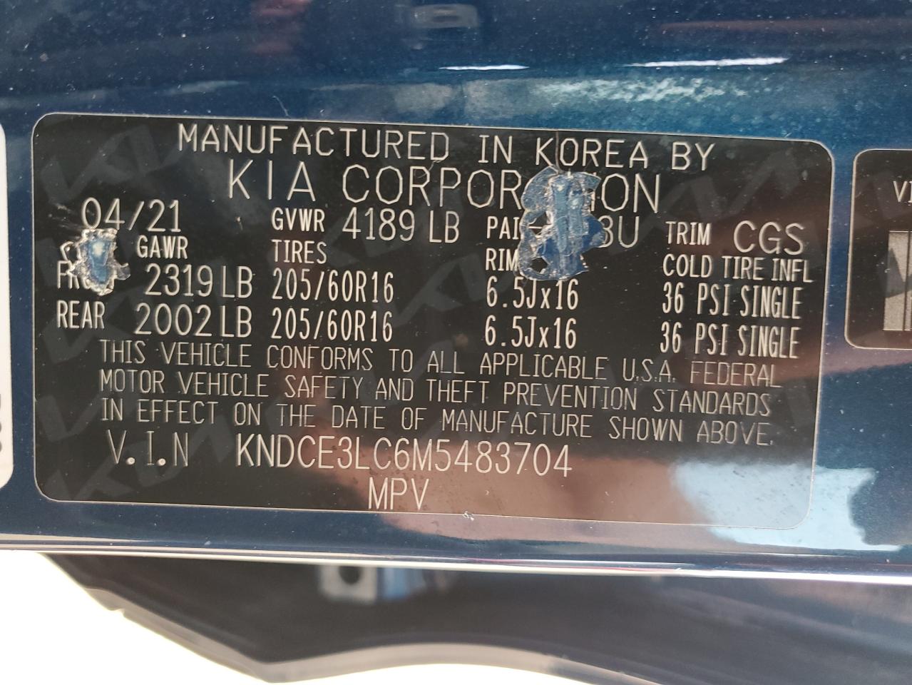 2021 Kia Niro Ex Premium VIN: KNDCE3LC6M5483704 Lot: 64578945