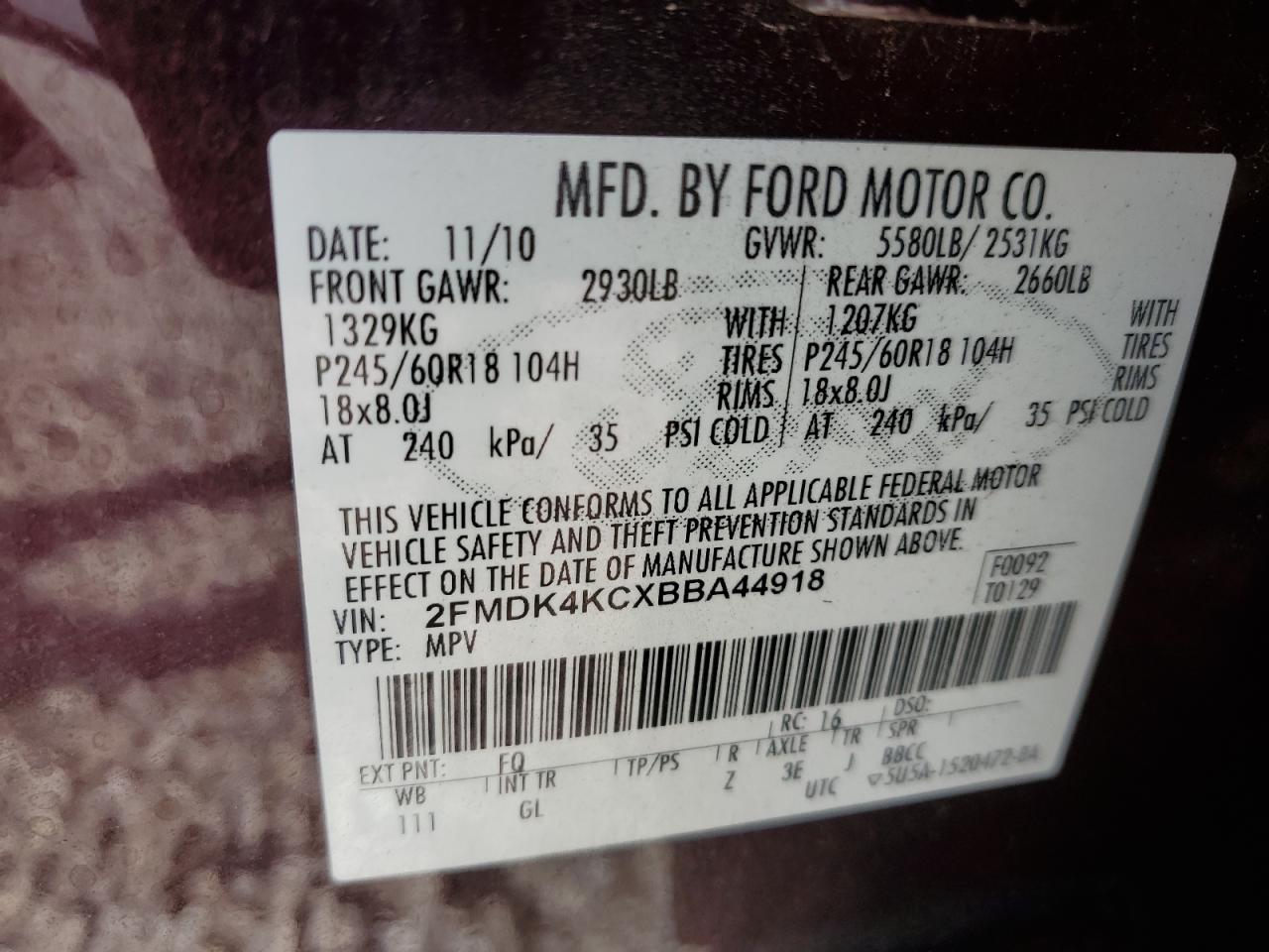 2011 Ford Edge Limited VIN: 2FMDK4KCXBBA44918 Lot: 65472785