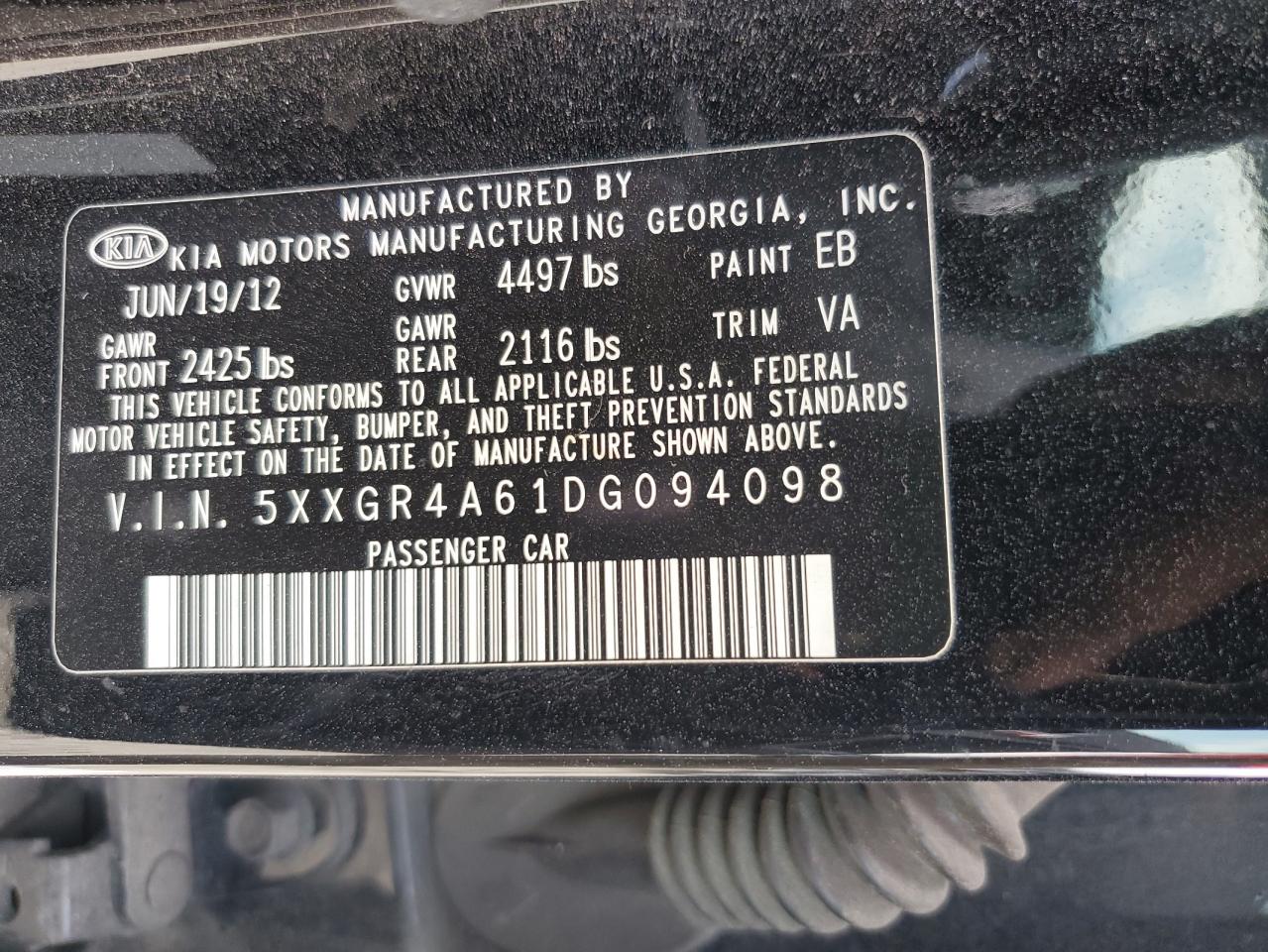 2013 Kia Optima Sx VIN: 5XXGR4A61DG094098 Lot: 63531175