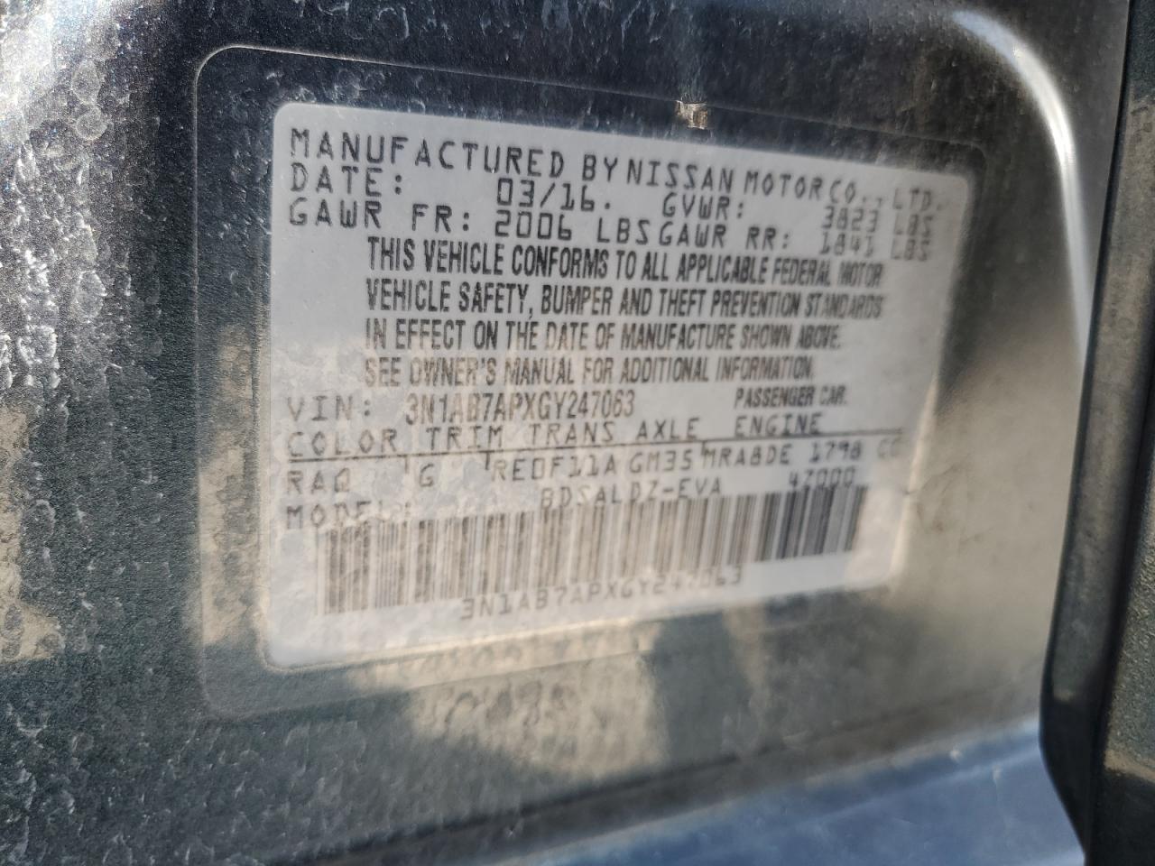 2016 Nissan Sentra S VIN: 3N1AB7APXGY247063 Lot: 64976585