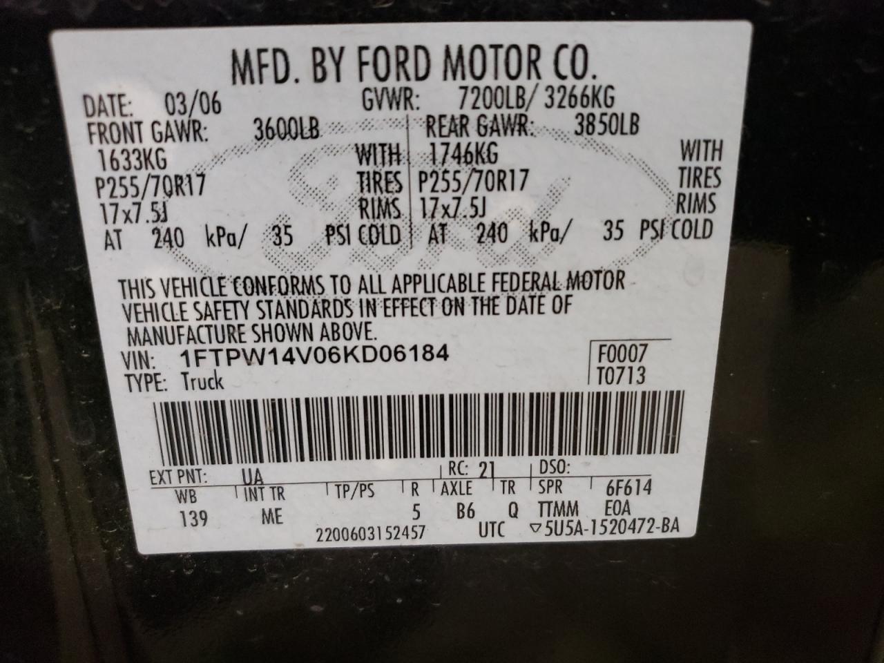 2006 Ford F150 Supercrew VIN: 1FTPW14V06KD06184 Lot: 63937345