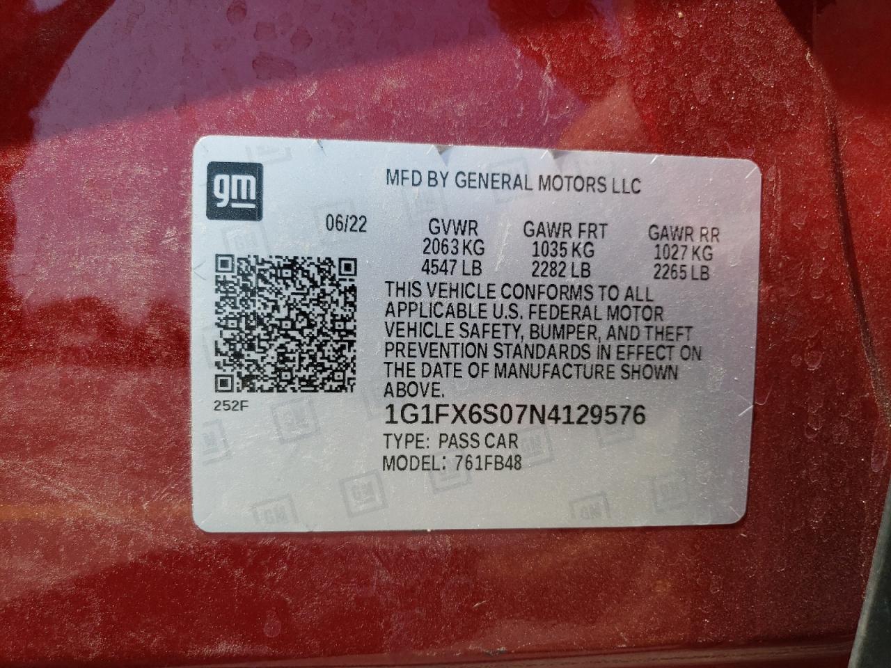 2022 Chevrolet Bolt Ev 2Lt VIN: 1G1FX6S07N4129576 Lot: 65082725