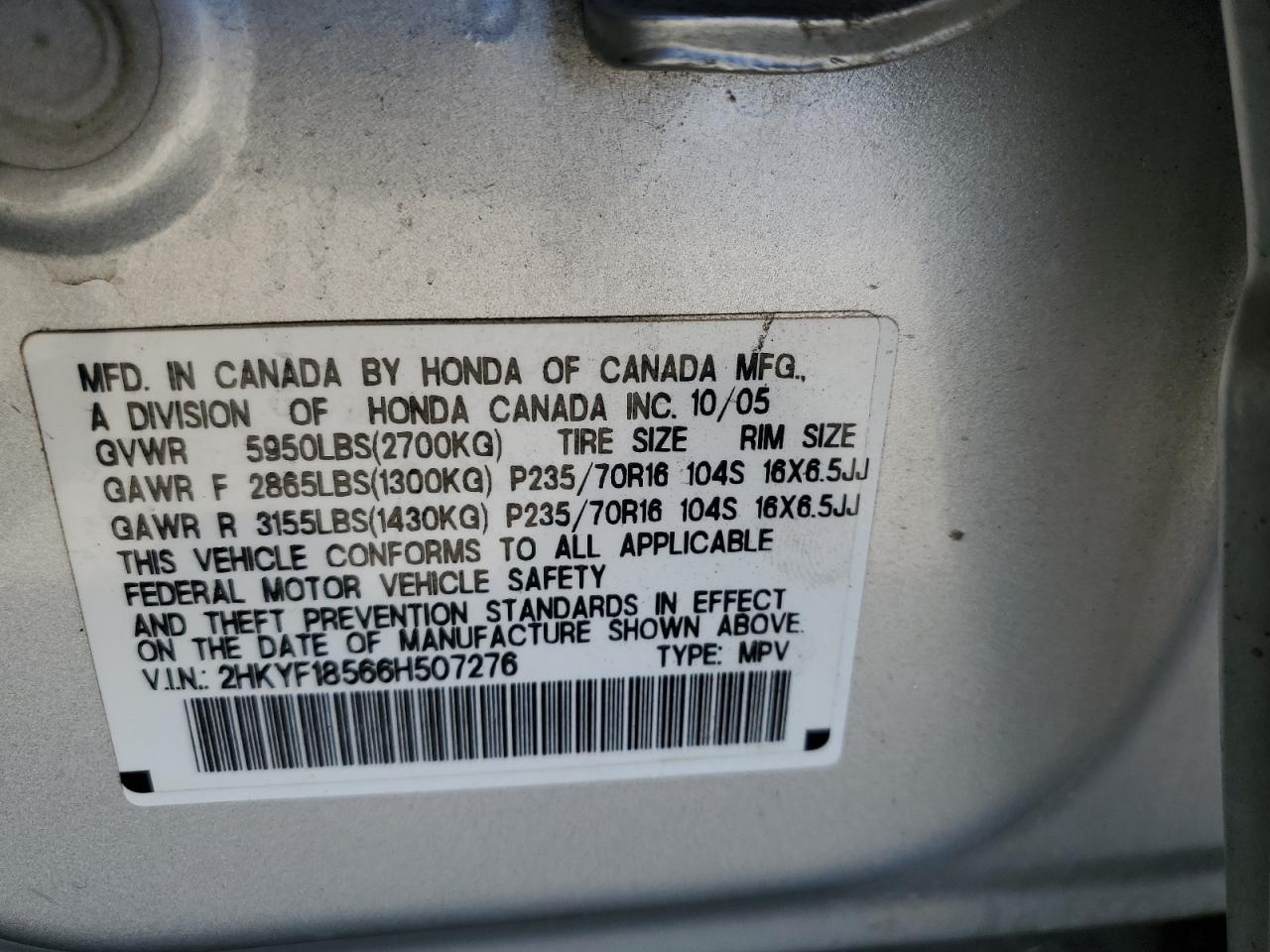 2006 Honda Pilot Ex VIN: 2HKYF18566H507276 Lot: 63248415