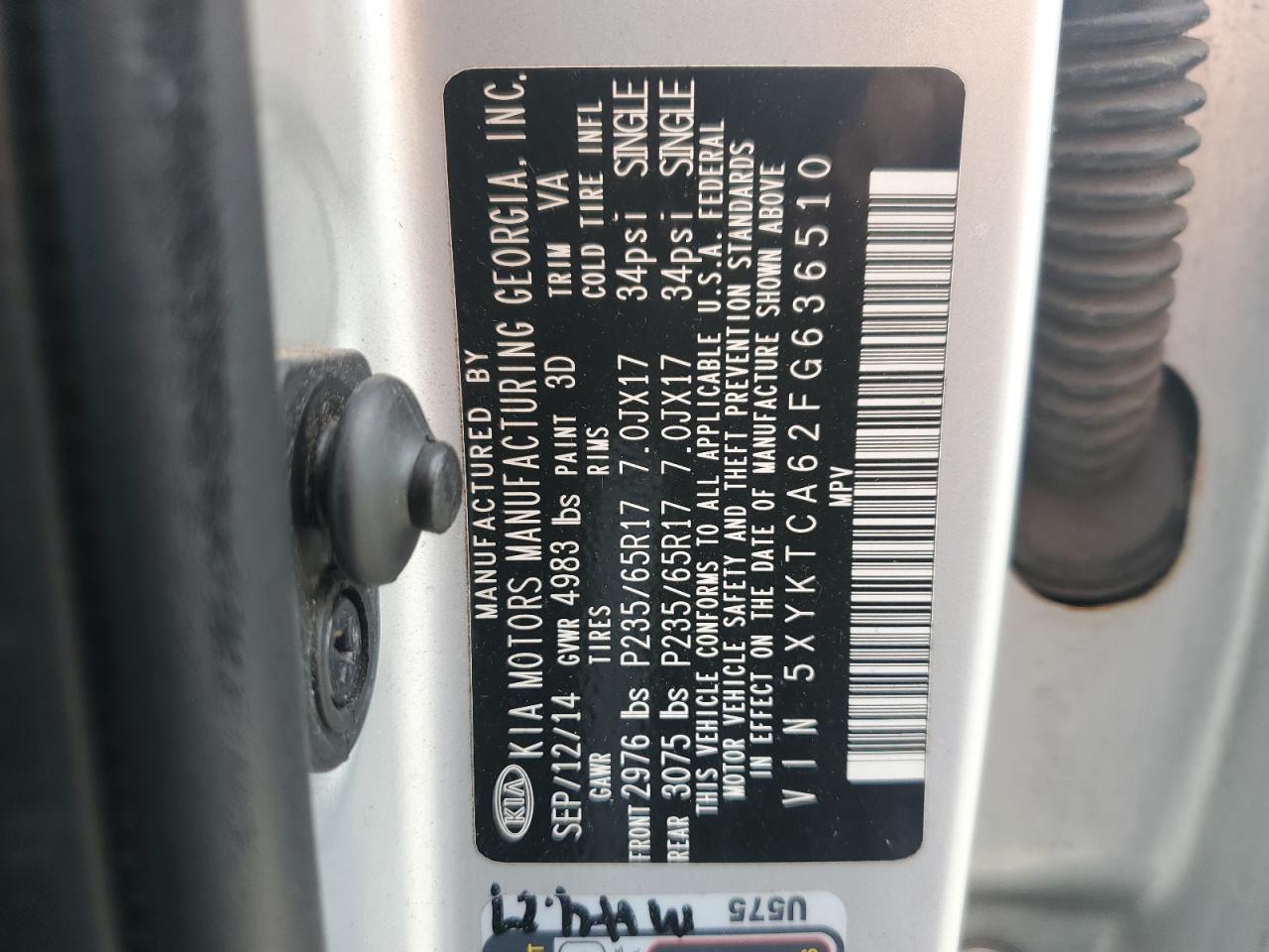 2015 Kia Sorento Lx VIN: 5XYKTCA62FG636510 Lot: 64728375