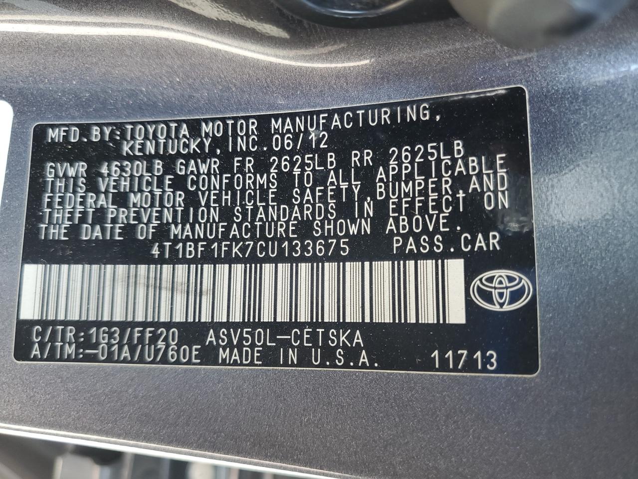 2012 Toyota Camry Base VIN: 4T1BF1FK7CU133675 Lot: 65469045