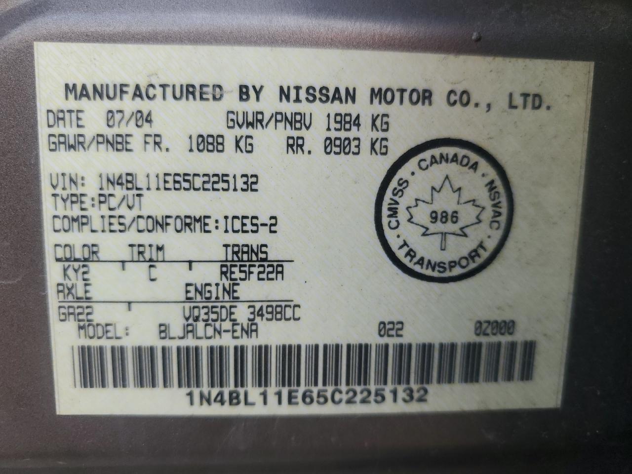 2005 Nissan Altima Se VIN: 1N4BL11E65C225132 Lot: 66799135