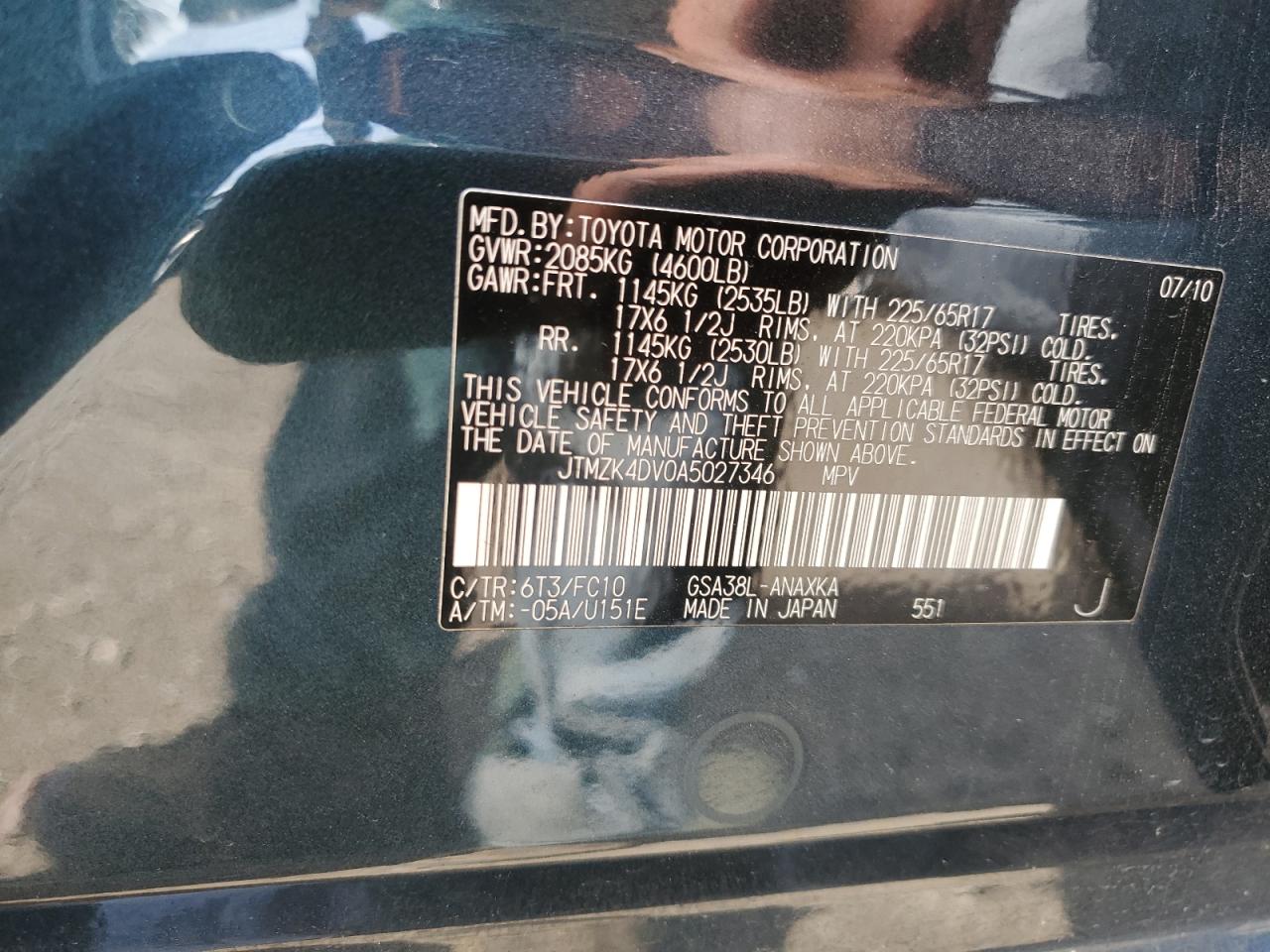 2010 Toyota Rav4 VIN: JTMZK4DV0A5027346 Lot: 63865865