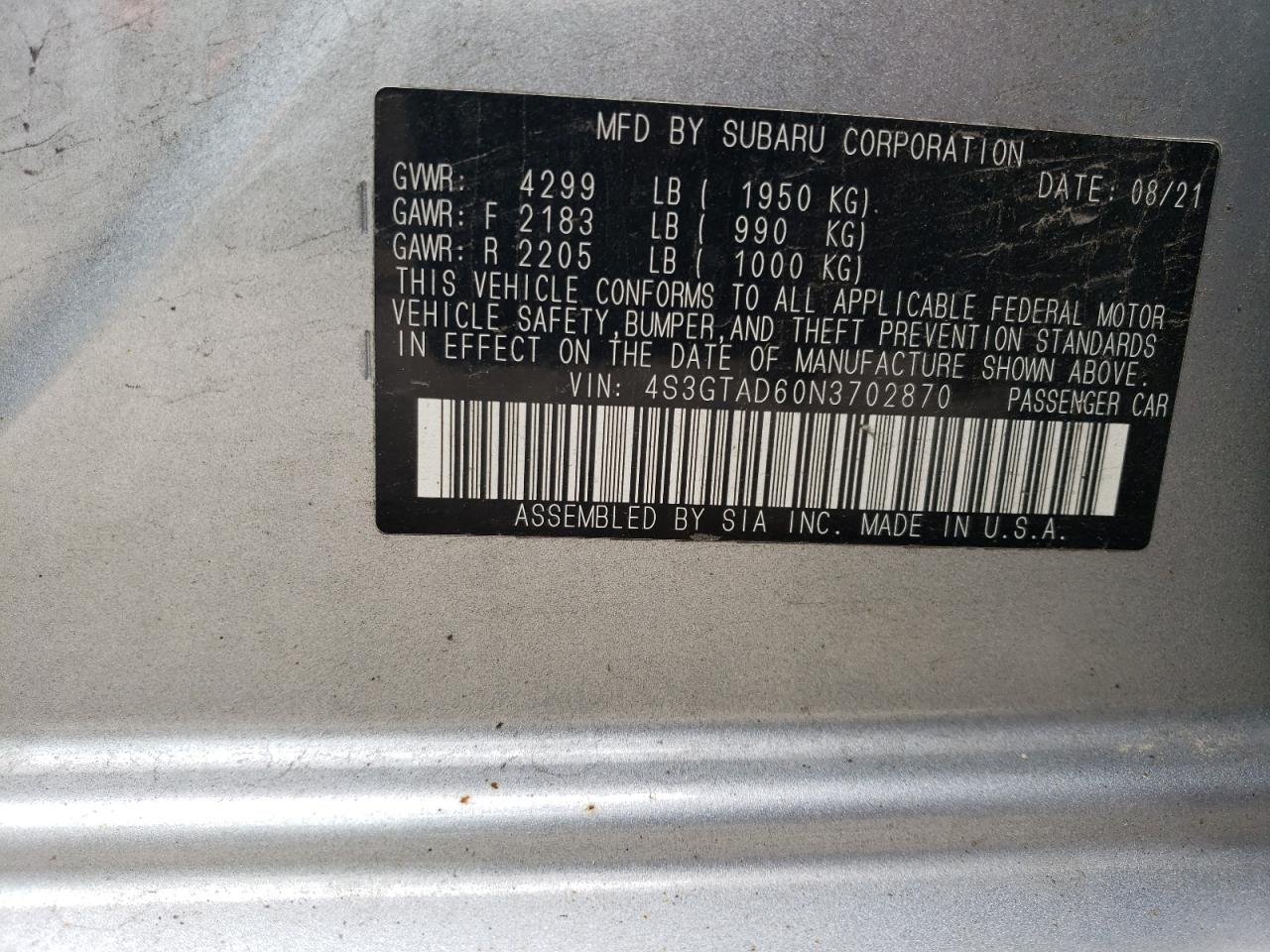 2022 Subaru Impreza Premium VIN: 4S3GTAD60N3702870 Lot: 62925245