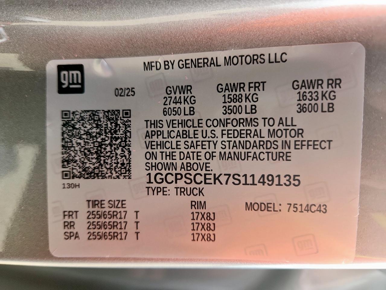 2025 Chevrolet Colorado Lt VIN: 1GCPSCEK7S1149135 Lot: 63607105