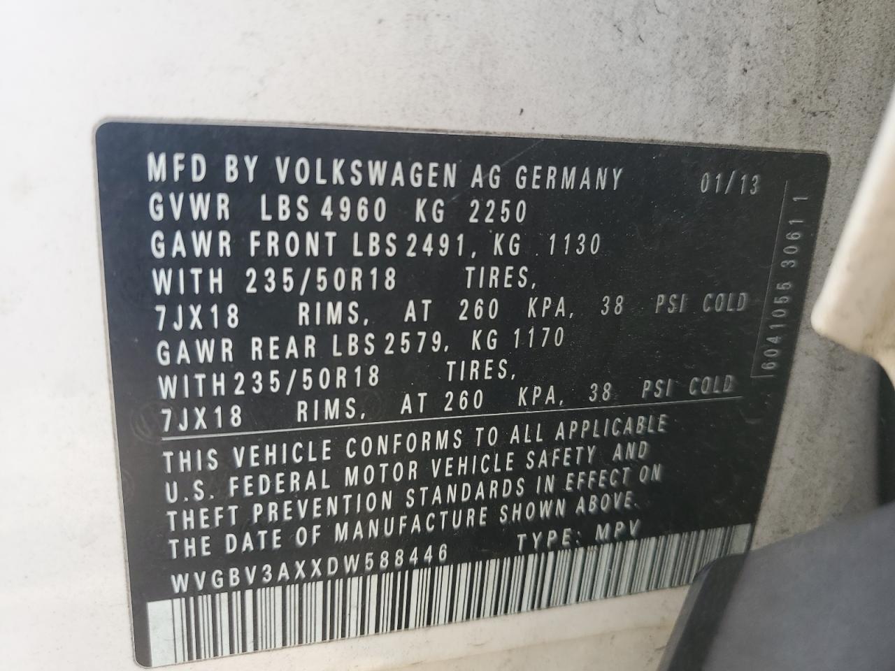 2013 Volkswagen Tiguan S VIN: WVGBV3AXXDW588446 Lot: 63568195