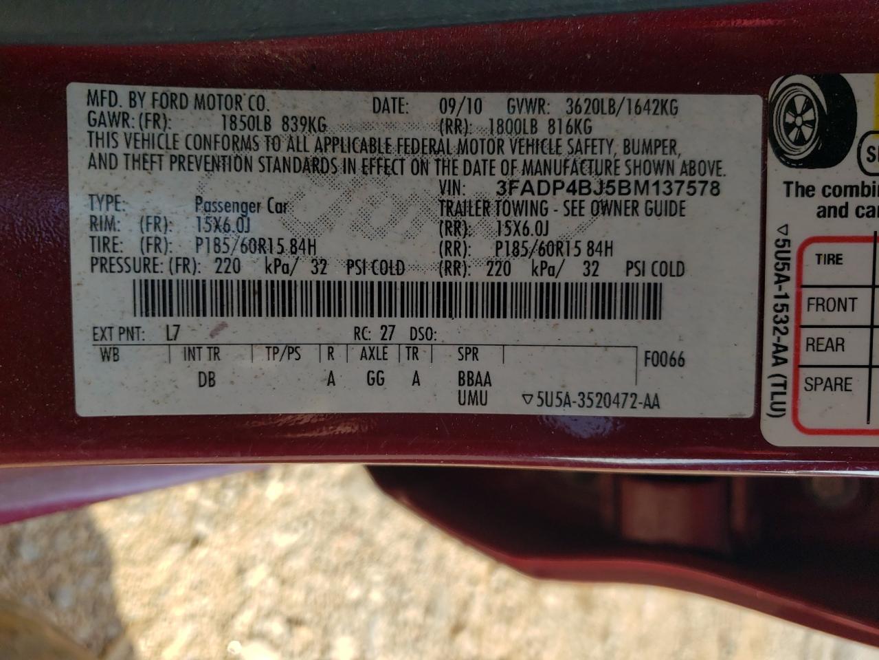 2011 Ford Fiesta Se VIN: 3FADP4BJ5BM137578 Lot: 65154085