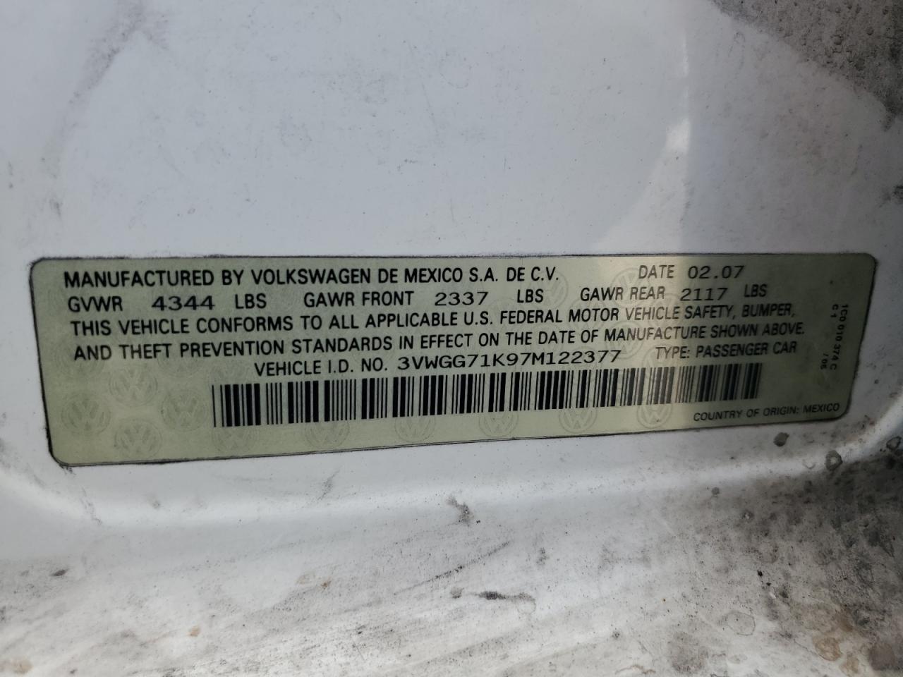 2007 Volkswagen Jetta VIN: 3VWGG71K97M122377 Lot: 63618165