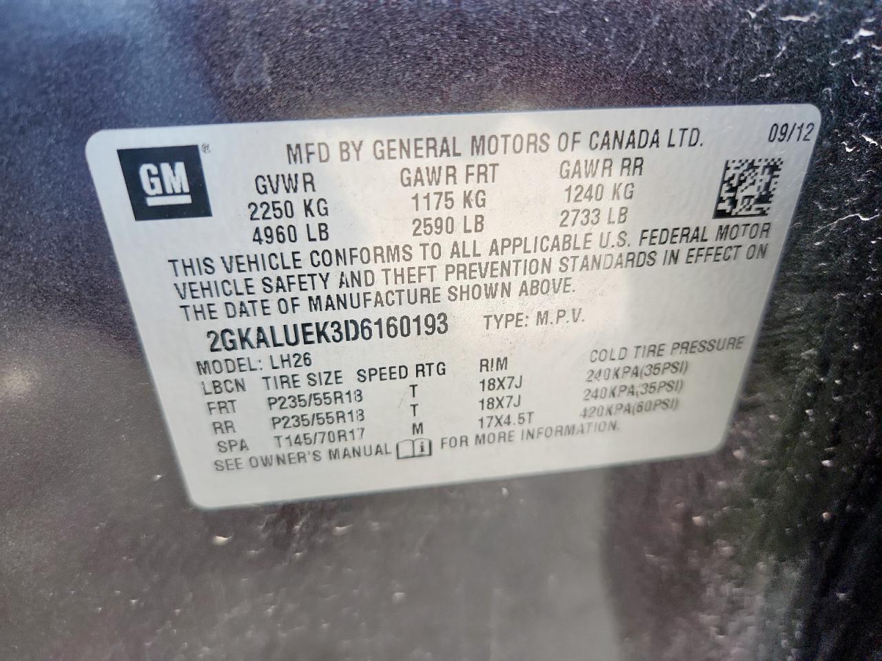 2013 GMC Terrain Slt VIN: 2GKALUEK3D6160193 Lot: 63863985