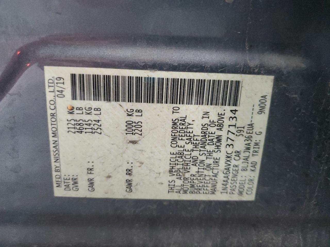 2019 Nissan Maxima S VIN: 1N4AA6AVXKC377134 Lot: 66631575