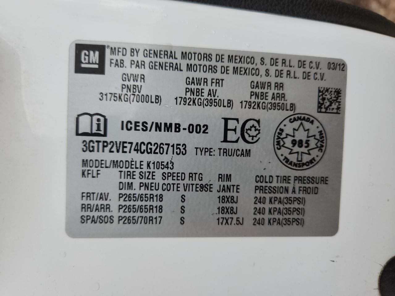 2012 GMC Sierra K1500 Sle VIN: 3GTP2VE74CG267153 Lot: 65756235