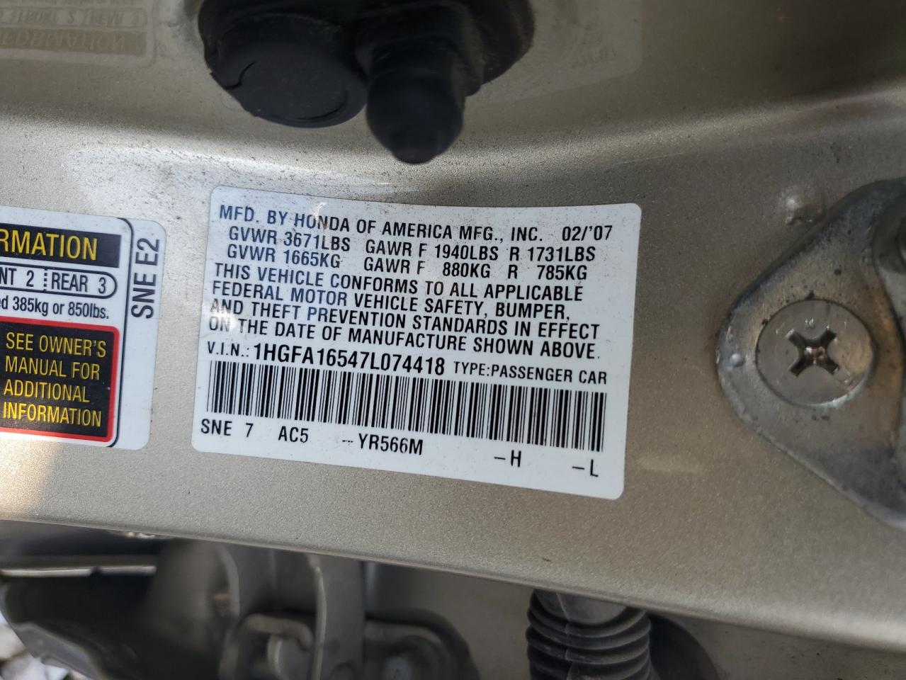 1hgfa16547l074418 1HGFA16547L074418 2007 Honda Civic Lx