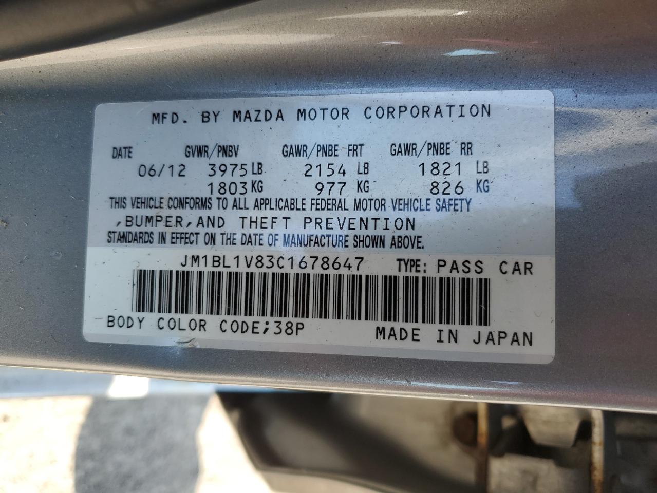 2012 Mazda 3 I VIN: JM1BL1V83C1678647 Lot: 63139465