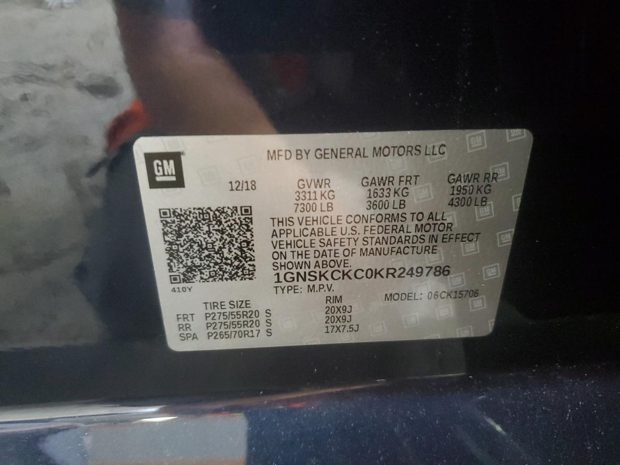 2019 Chevrolet Tahoe K1500 Premier VIN: 1GNSKCKC0KR249786 Lot: 63794595