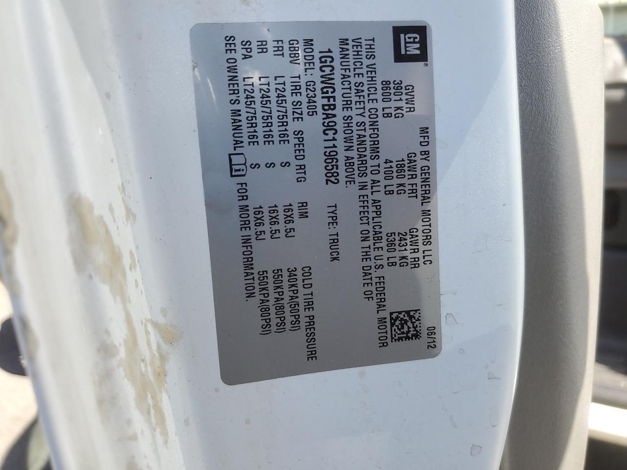 2012 Chevrolet Express G2500 VIN: 1GCWGFBA9C1196582 Lot: 66146925